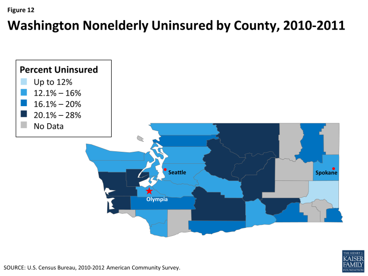 Figure 12: Washington Nonelderly Uninsured by County, 2010-2011