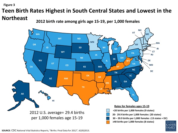 Figure 3: Teen Birth Rates Highest in South Central States and Lowest in the Northeast