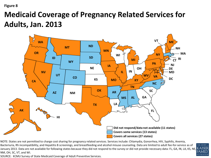 Figure 8: Medicaid Coverage of Pregnancy Related Services for Adults, Jan. 2013