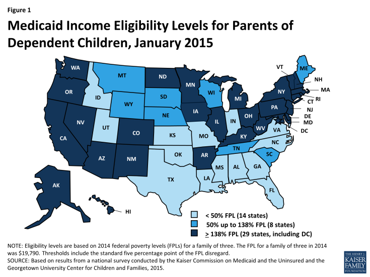 Figure 1: Medicaid Income Eligibility Levels for Parents of Dependent Children, January 2015