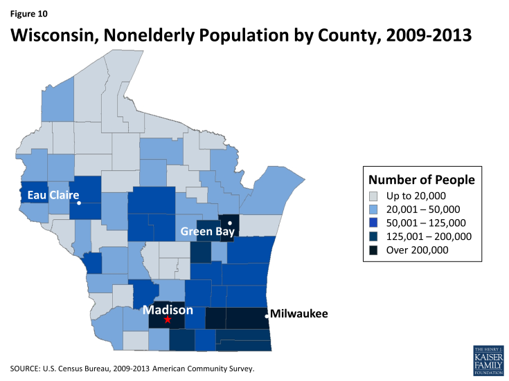 Figure 10: Wisconsin, Nonelderly Population by County, 2009-2013