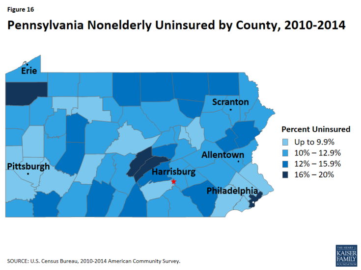 Figure 16: Pennsylvania Nonelderly Uninsured by County, 2010-2014