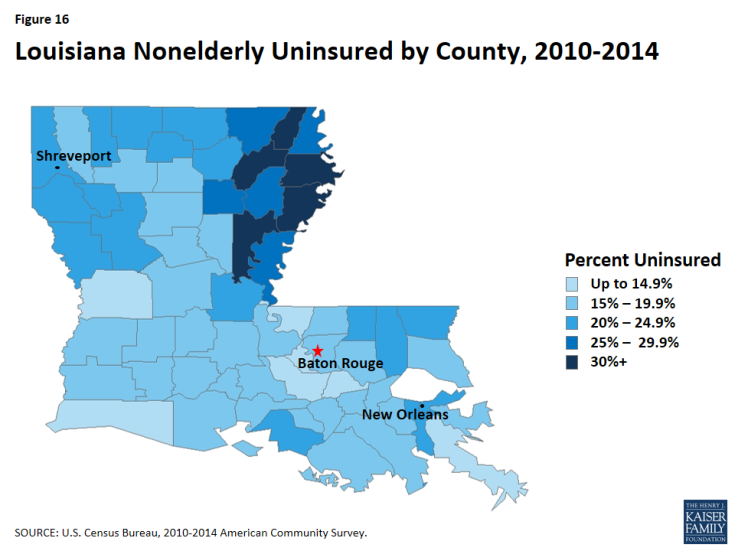 Figure 16: Louisiana Nonelderly Uninsured by County, 2010-2014