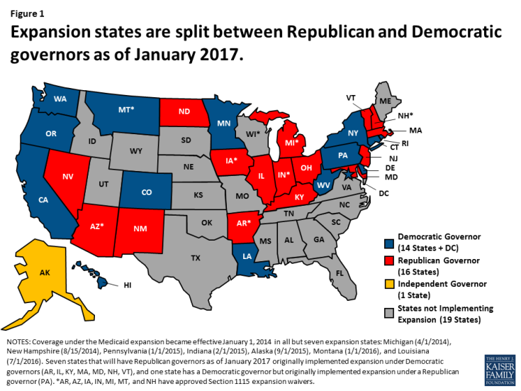 Figure 1: Expansion states are split between Republican and Democratic governors as of January 2017. 
