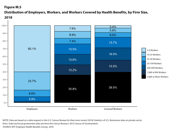 Figure M.5: Distribution of Employers, Workers, and Workers Covered by Health Benefits, by Firm Size, 2018