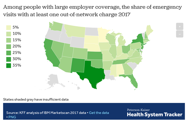 Screenshot of US Map showing highest rates of surprise medical bills