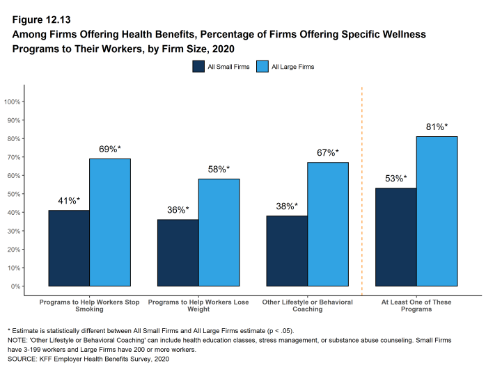 Figure 12.13: Among Firms Offering Health Benefits, Percentage of Firms Offering Specific Wellness Programs to Their Workers, by Firm Size, 2020