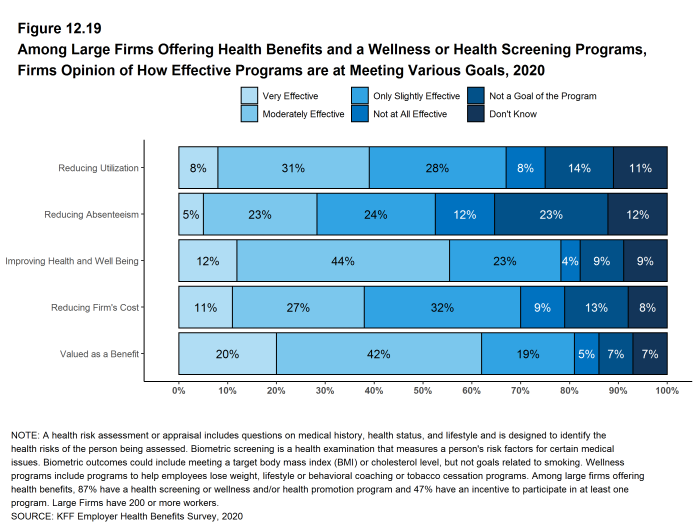 Figure 12.19: Among Large Firms Offering Health Benefits and a Wellness or Health Screening Programs, Firms Opinion of How Effective Programs Are at Meeting Various Goals, 2020