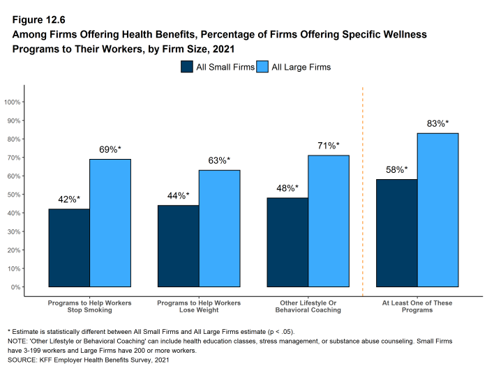 Figure 12.6: Among Firms Offering Health Benefits, Percentage of Firms Offering Specific Wellness Programs to Their Workers, by Firm Size, 2021