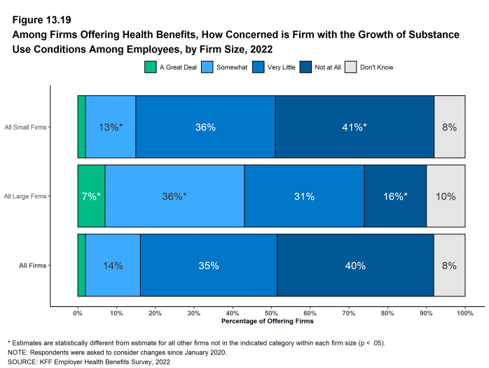 Figure 13.19: Among Firms Offering Health Benefits, How Concerned Is Firm With the Growth of Substance Use Conditions Among Employees, by Firm Size, 2022