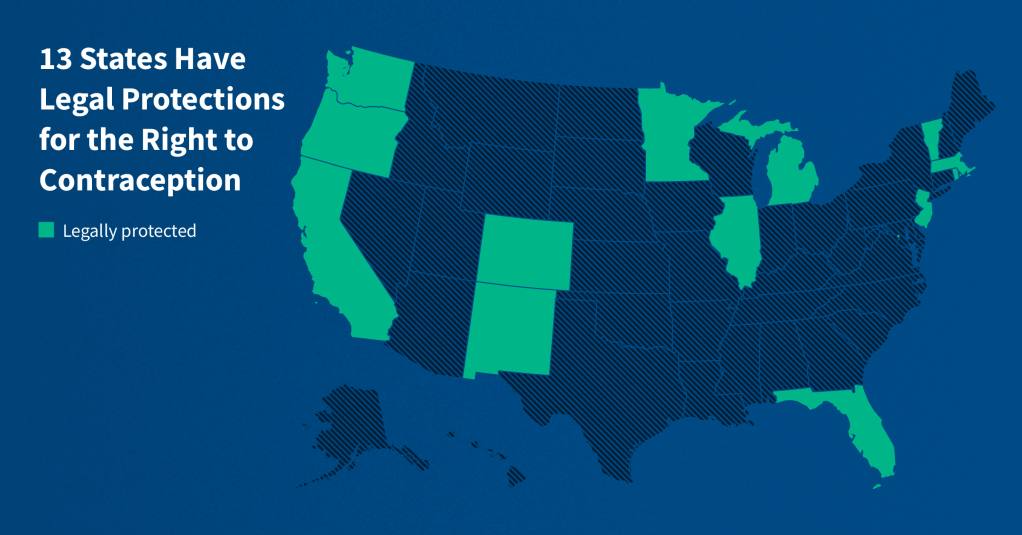 Map of the United States highlighting 13 states that have legal protections for the right to contraception: California, Colorado, Florida, Illinois, Massachusetts, Michigan, Minnesota, New Jersey, New Mexico, Oregon, Rhode Island, Vermont and Washington. The District of Columbia is also highlighted.