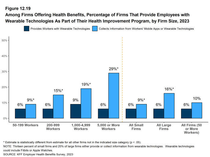 Figure 12.19: Among Firms Offering Health Benefits, Percentage of Firms That Provide Employees With Wearable Technologies As Part of Their Health Improvement Program, by Firm Size, 2023