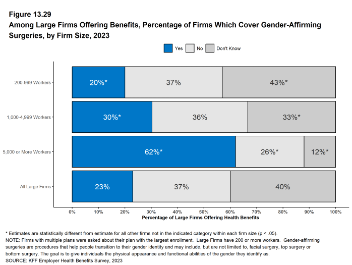 Figure 13.29: Among Large Firms Offering Benefits, Percentage of Firms Which Cover Gender-Affirming Surgeries, by Firm Size, 2023