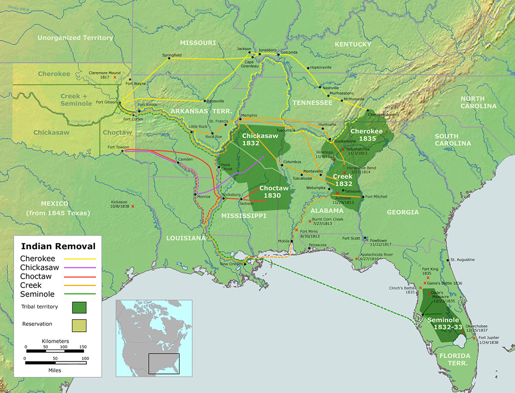 Image shows a map of the Southeastern U.S. depicting the Trail of Tears routes