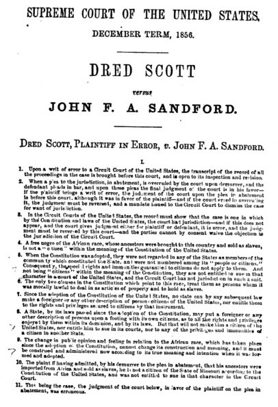 Image shows the cover page of the decision in the Dred Scott v. Sanford case
