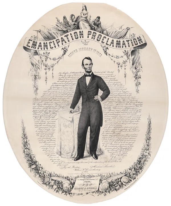 Image shows an illustration of President Abraham Lincoln surrounded by the text from the Emancipation Proclamation 