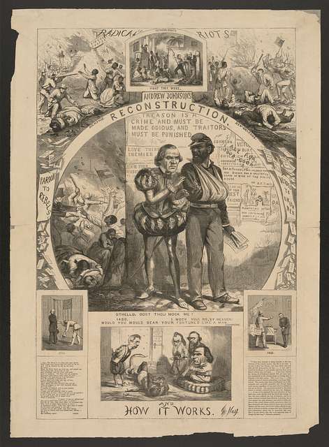 Image shows a cartoon of Andrew Johnson, depicted as Othello, standing next to an African American Civil War veteran