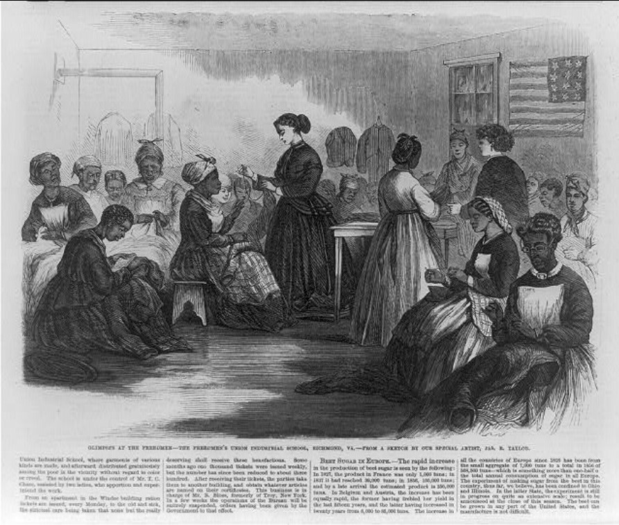Image shows an illustration of African American women sewing 