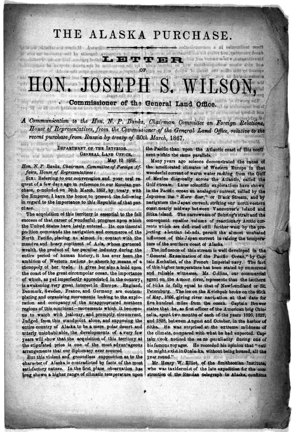 Image shows the front page of the Alaska Purchase Letter of Hon. Joseph A. Wilson