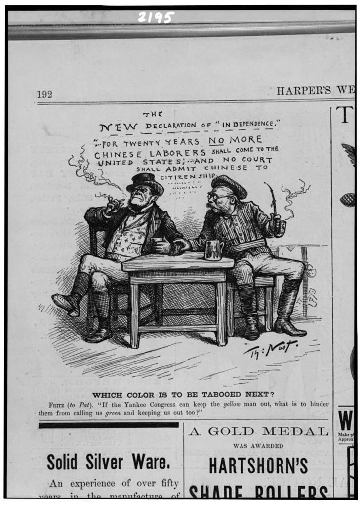 Image shows a cartoon concerning Irish and Chinese immigration to the United States, depicting two men seated at a table talking