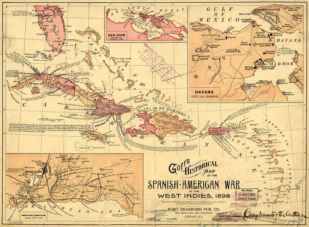 Image shows a historical map of the Spanish- American War, depicting the Caribbean/West Indies