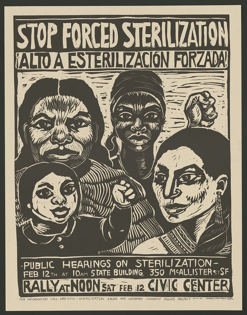 Image shows an illustration of four women protesting forced sterilization