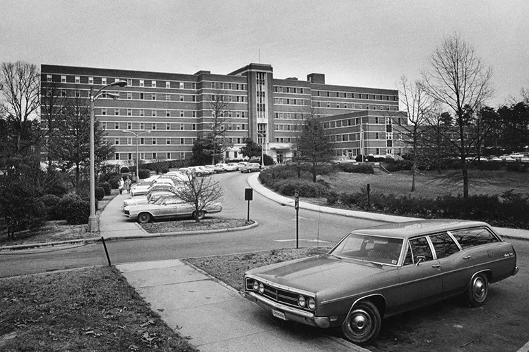 Image shows car parked outside of Grace Hospital in Morganton, North Carolina 