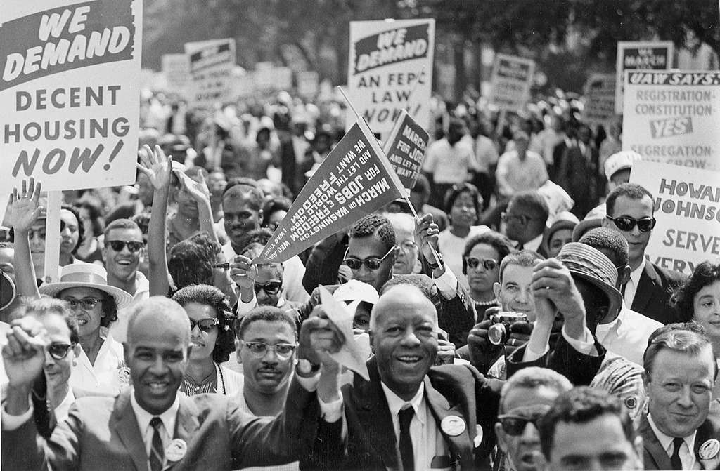 Image shows people gathered for the Civil Rights March on Washington D.C.