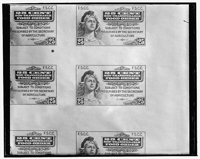 Image shows six copies of the first food stamps printed