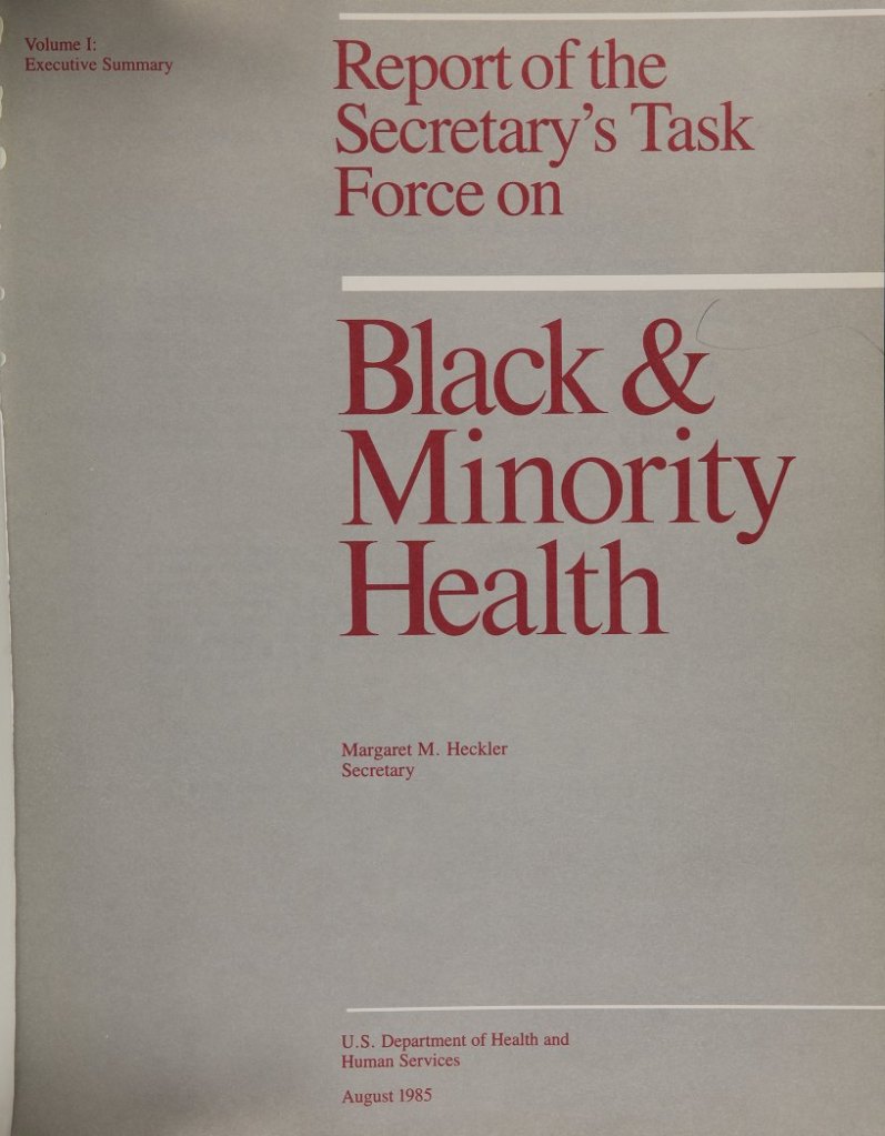 Image shows the cover page of the Report of the Secretary's Task Force on Black and Minority Health