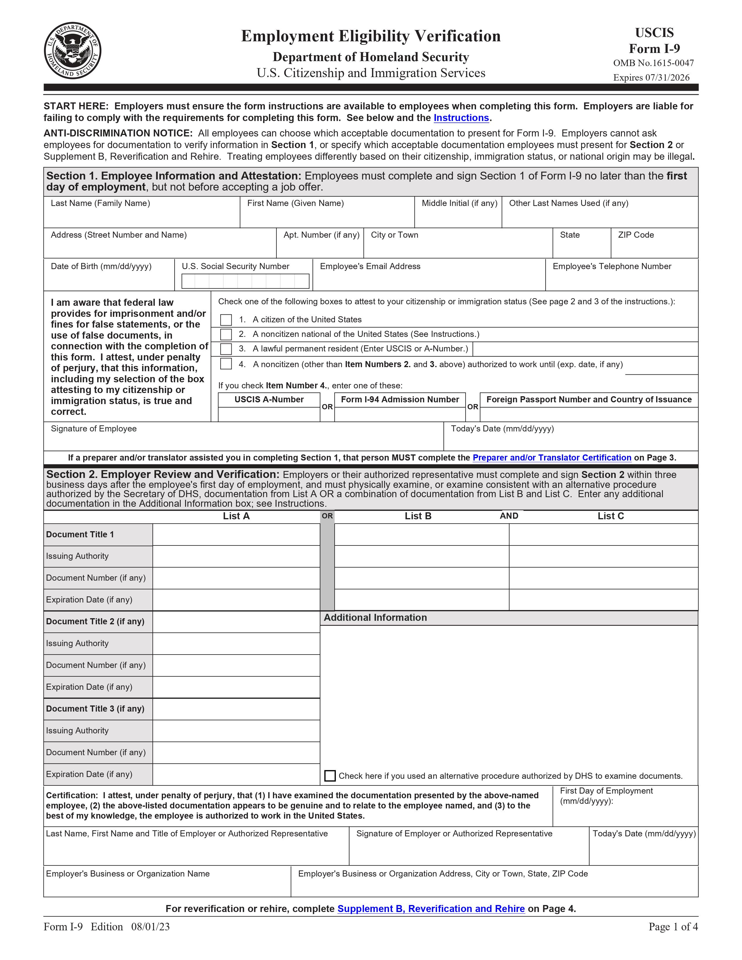 Image shows the first page of the I-9, or employment eligibility verification form 