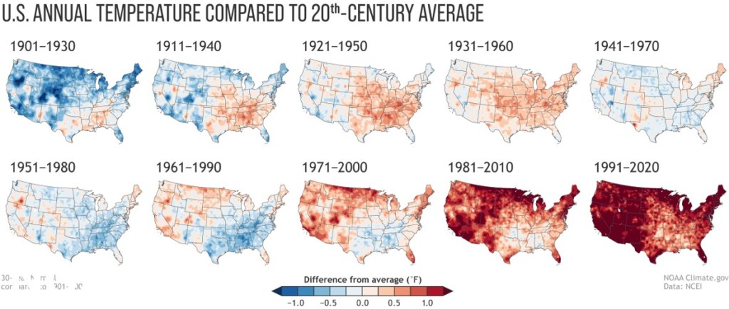Image shows maps of 20th-century U.S. temperature averages, showcasing increases in the country's average temperature.