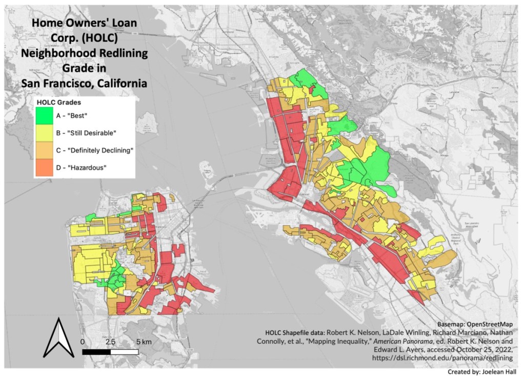 Image shows a map from the Home Owner's Loan Corporation with the redlining gradient of San Francisco, California 