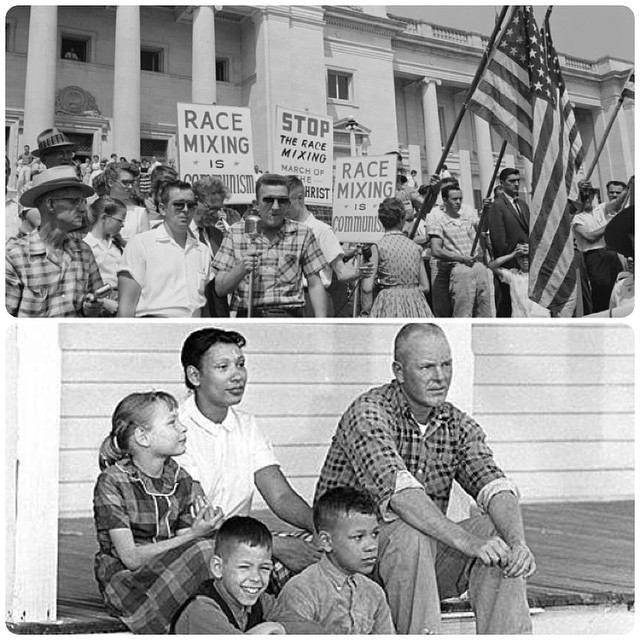 Image shows a protest against the end of anti-miscegenation laws, below that, the image shows the Loving family sitting on their front porch