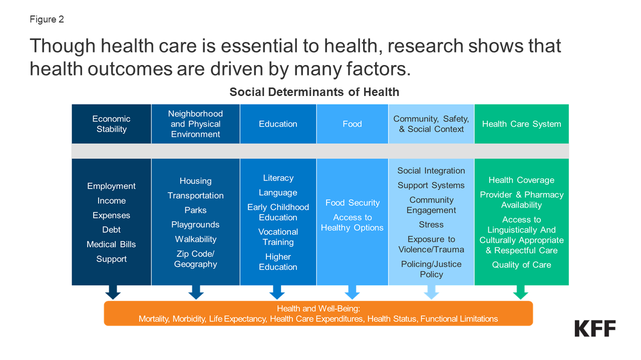 Figure 2 is a flow chart of how six factors impact health and well being. 