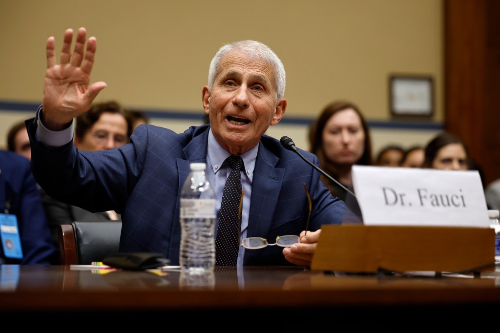 A photograph of Dr. Anthony Fauci testifying before the U.S. Congress