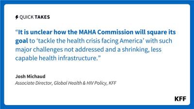 An image of this quote from Josh Michaud reads: "It is unclear how the MAHA Commission will square its goal to “tackle the health crisis facing America” with such major challenges not addressed and a shrinking, less capable health infrastructure."