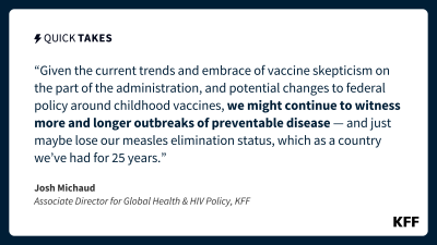 This quote card is a quote from Josh Michaud that reads, "Given the current trends and embrace of vaccine skepticism on the part of the administration, and potential changes to federal policy around childhood vaccines, we might continue to witness more and longer outbreaks of preventable disease—and just maybe lose our measles elimination status, which as a country we’ve had for 25 years."