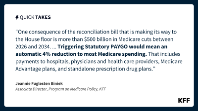 A quote image from Jeannie Fuglesten Biniek's Quickl Take reads: "One consequence of the reconciliation bill that is making its way to the House floor is more than $500 billion in Medicare cuts between 2026 and 2034. ... Triggering Statutory PAYGO would mean an automatic 4% reduction to most Medicare spending. That includes payments to hospitals, physicians and health care providers, Medicare Advantage plans, and standalone prescription drug plans. "