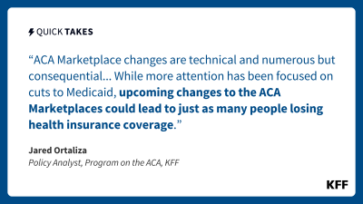This quote image is white with a dark blue border and blue text. From Jared Ortaliza's Quick take, it reads: "ACA Marketplace changes are technical and numerous but consequential... While more attention has been focused on cuts to Medicaid, upcoming changes to the ACA Marketplaces could lead to just as many people losing health insurance coverage."
