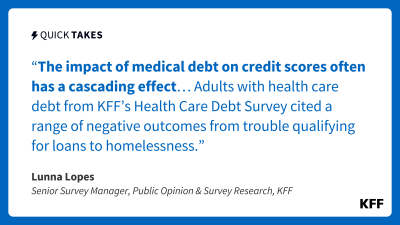 Quote card in blue text against a white background reads, "The impact of medical debt on credit scores often has a cascading effect...adults with health care debt from KFF’s Health Care Debt Survey cited a range of negative outcomes from trouble qualifying for loans to homelessness."