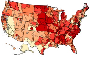 Average annual percent of Medicare beneficiaries who had at least one visit to a primary care clinician among hospital referral regions (2003-07)