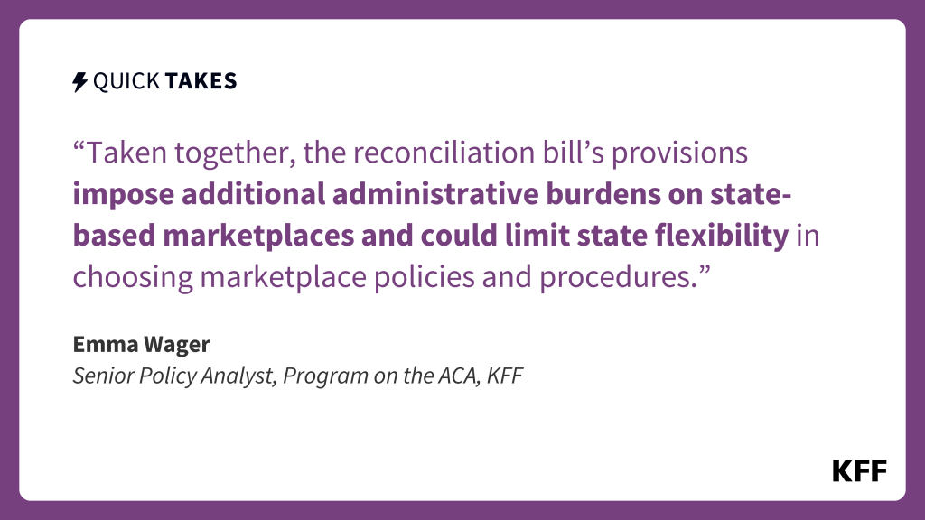 This quote card of Emma Wager's quick take is white background with a purple border and matching purple text. The excerpt reads, "Taken together, the reconciliation bill's provisions impose additional administrative burdens on State-Based Marketplaces and could limit state flexibility in choosing marketplace policies and procedures."