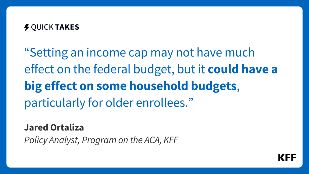 Quote image from Jared Ortaliza's quick take reads, "Setting an income cap may not have much effect on the federal budget, but it could have a big effect on some household budgets, particularly for older enrollees."