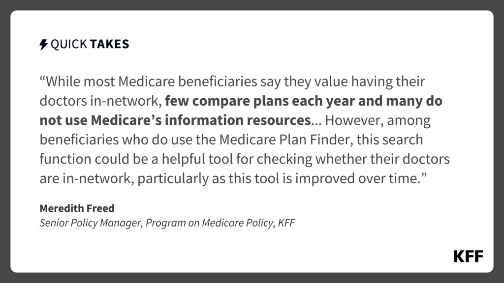 Quote card from Meredith Freed's quick take reads, "While most Medicare beneficiaries say they value having their doctors in-network, few compare plans each year and many do not use Medicare’s information resources...However, among beneficiaries who do use the Medicare Plan Finder, this search function could be a helpful tool for checking whether their doctors are in-network, particularly as this tool is improved over time."