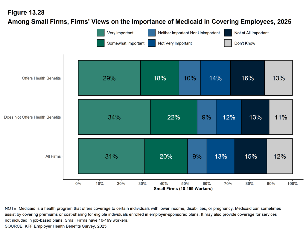 Figure 13.28: Among Small Firms, Firms' Views On the Importance of Medicaid in Covering Employees, 2025