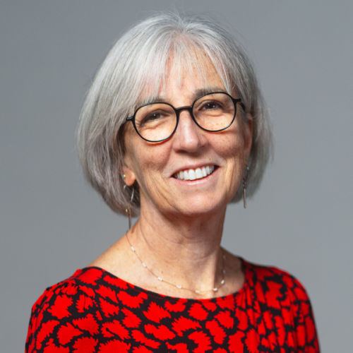 Professional photo of Mary-Ellen Deily wearing dark rimmed circle-shaped glasses and a patterned black and red top against a gray background.