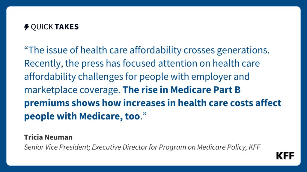 This quote card of Tricia Neuman's quick take reads, "The issue of health care affordability crosses generations. Recently, the press has focused attention on health care affordability challenges for people with employer and marketplace coverage. The rise in Medicare Part B premiums shows how increases in health care costs affect people with Medicare, too."