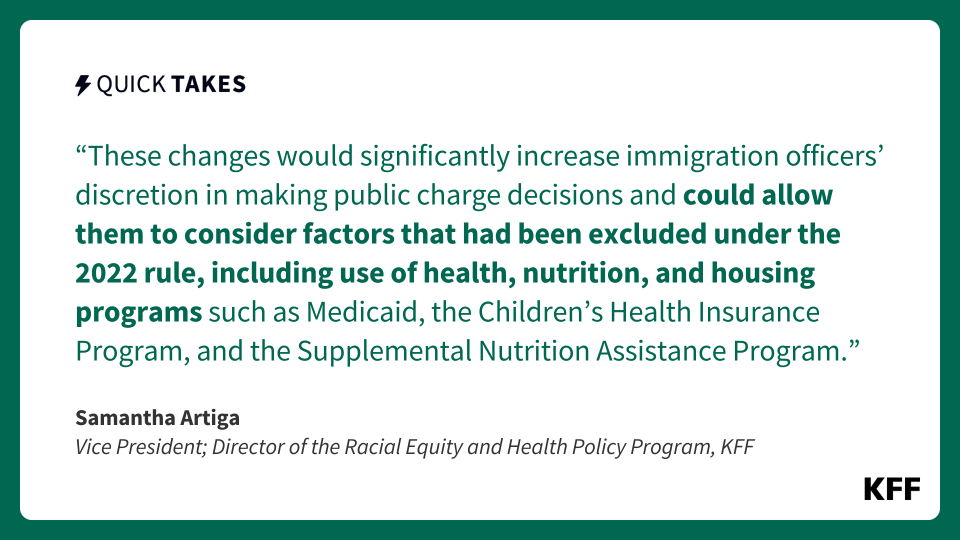 A quote image of a quick take by Samantha Artiga reads, "These changes would significantly increase immigration officers' discretion in making public charge decisions and could allow them to consider factors that had been excluded under the 2022 rule, including use of health, nutrition, and housing programs such as Medicaid, the Children's Health Insurance Program, and the Supplemental Nutrition Assistance Program,"