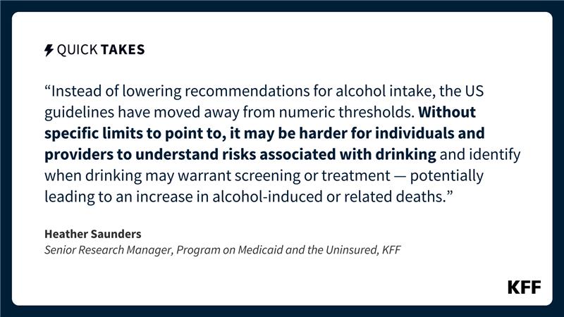An image of text is an excerpt form Heather Saunders' quick take which reads, "Instead of lowering recommendations for alcohol intake, the US guidelines have moved away from numeric thresholds. Without specific limits to point to, it may be harder for individuals and providers to understand risks associated with drinking and identify when drinking may warrant screening or treatment—potentially leading to an increase in alcohol-induced or related deaths."